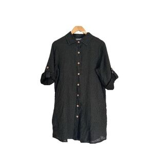 Pistache linen Button Down Shirt dress Size M Black White Polka Dot